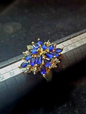 2Ct Marquise Cut Lab Blue & White Sapphire Cluster Ring 925 - Yellow Gold Plated